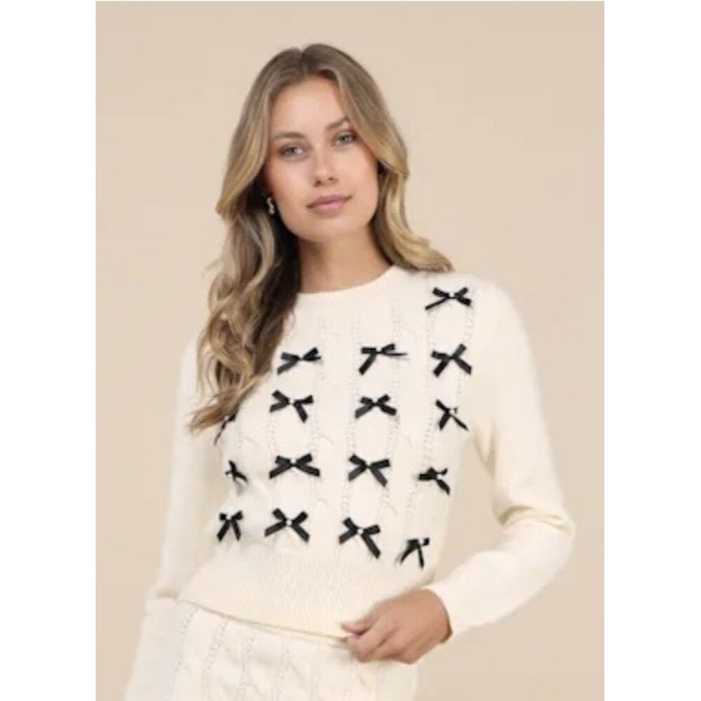 Lulus Bow Sweater Darling Sophistication White Cable Knit Crew Neck Women Medium - Picture 2 of 12